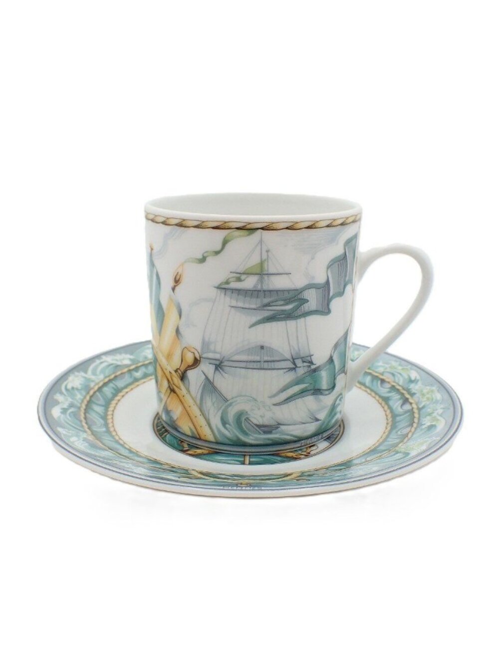 Hermes Cup and Saucer Patch Work Gust of Wind Ceramic White Green